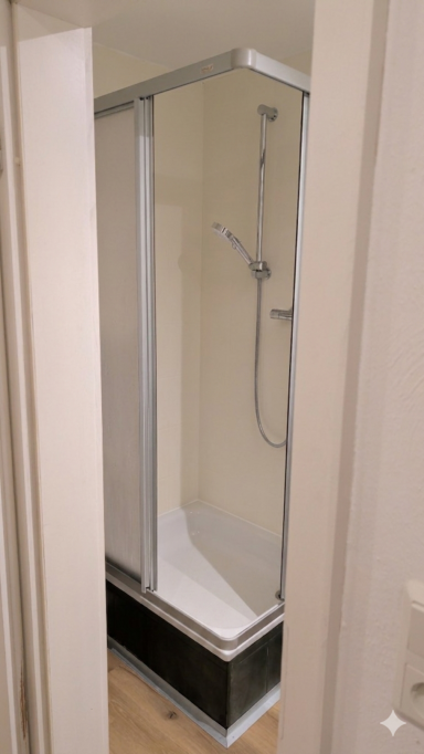 Badezimmer Duschkabine mit Glastüren und Duschkopf in einem hellen Raum.