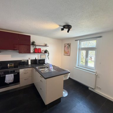 Moderne Küche mit dunklem Boden, roten Schränken und Fenster mit natürlichem Licht.