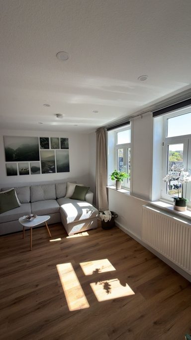 Wohnzimmer Helle Wohnzimmerecke mit Sofa, Pflanzen und großen Fenstern, Holzfußboden.