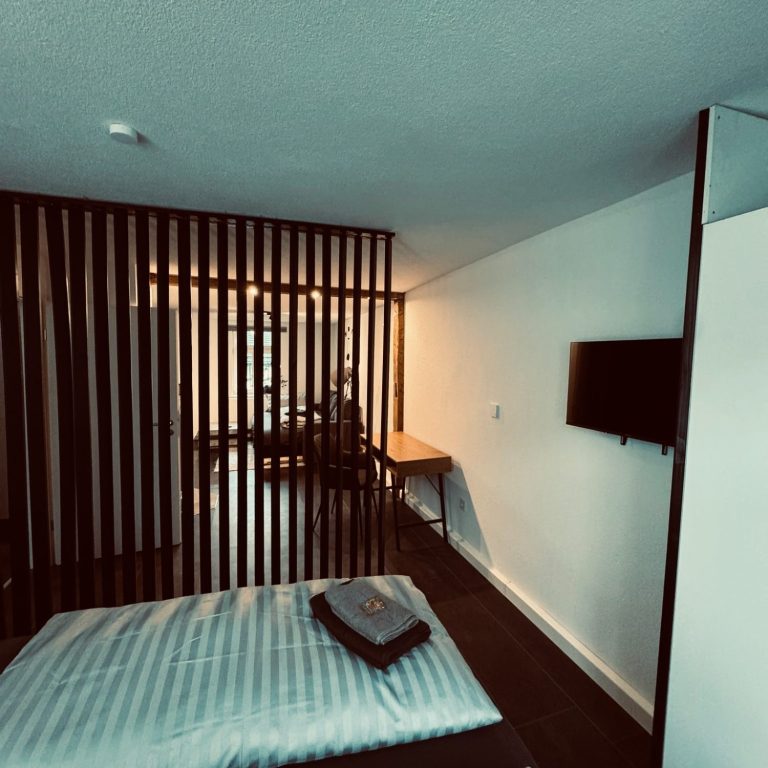 Modernes Hotelzimmer mit einem Bett, Fernseher und einem Arbeitstisch hinter einem Trennwand.
