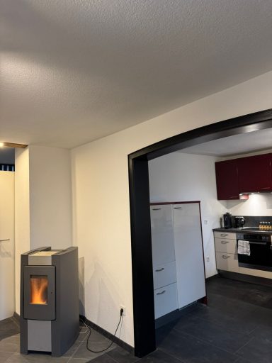 Kaminofen in einer modernen, hellen Küche mit roten Akzenten und schwarzem Boden.
