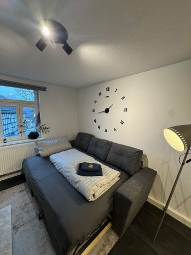Wohnzimmer mit grauem Sofa, Leseleuchte und großem Wanduhren-Design.